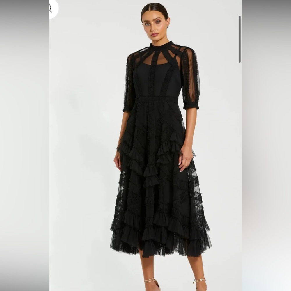 Mac Duggal Black High Neck Ruffle Tiered A-Line Midi Dress